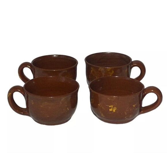 Lot Of 4 Lester Breininger Redware Pottery Glazed Cup Mug PA 6-20-1991 Brown MCM - Picture 1 of 16